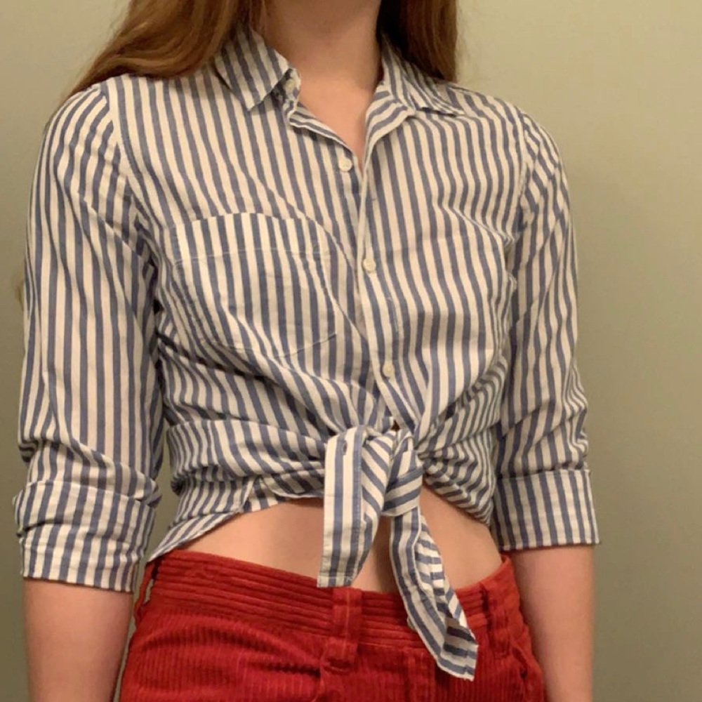 Blue and white striped button up blouse